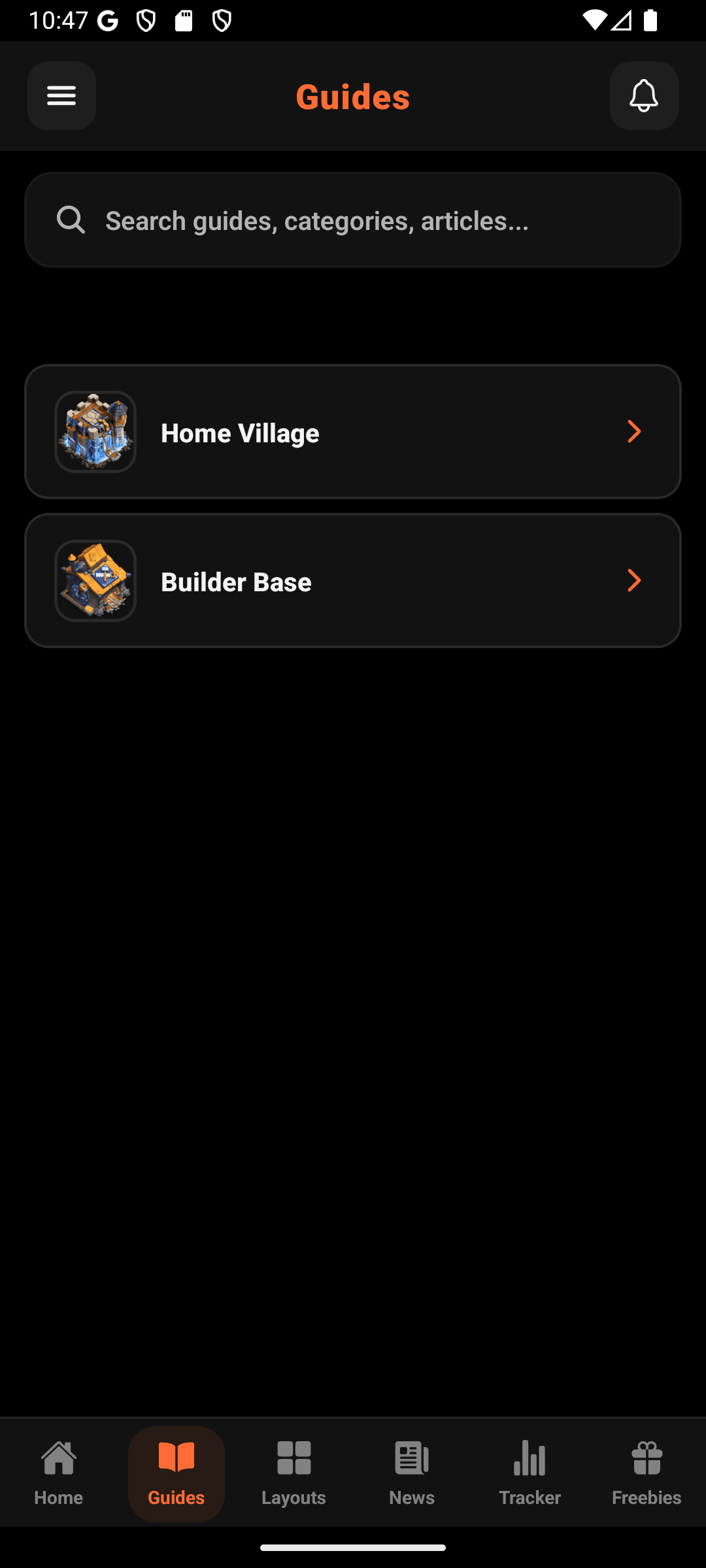 Clash Companion guides screen with searchable categories