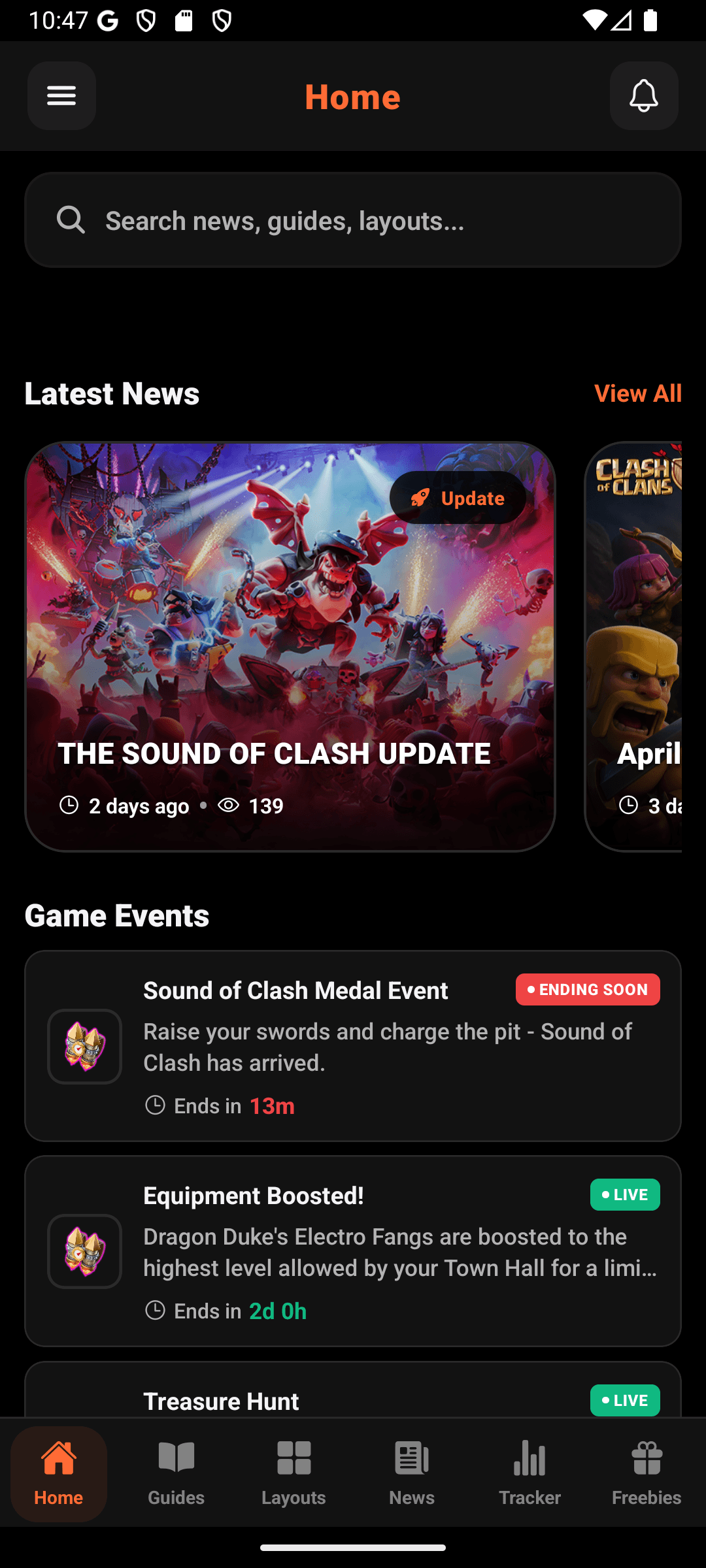 Clash Companion home screen with search, latest news, and game events