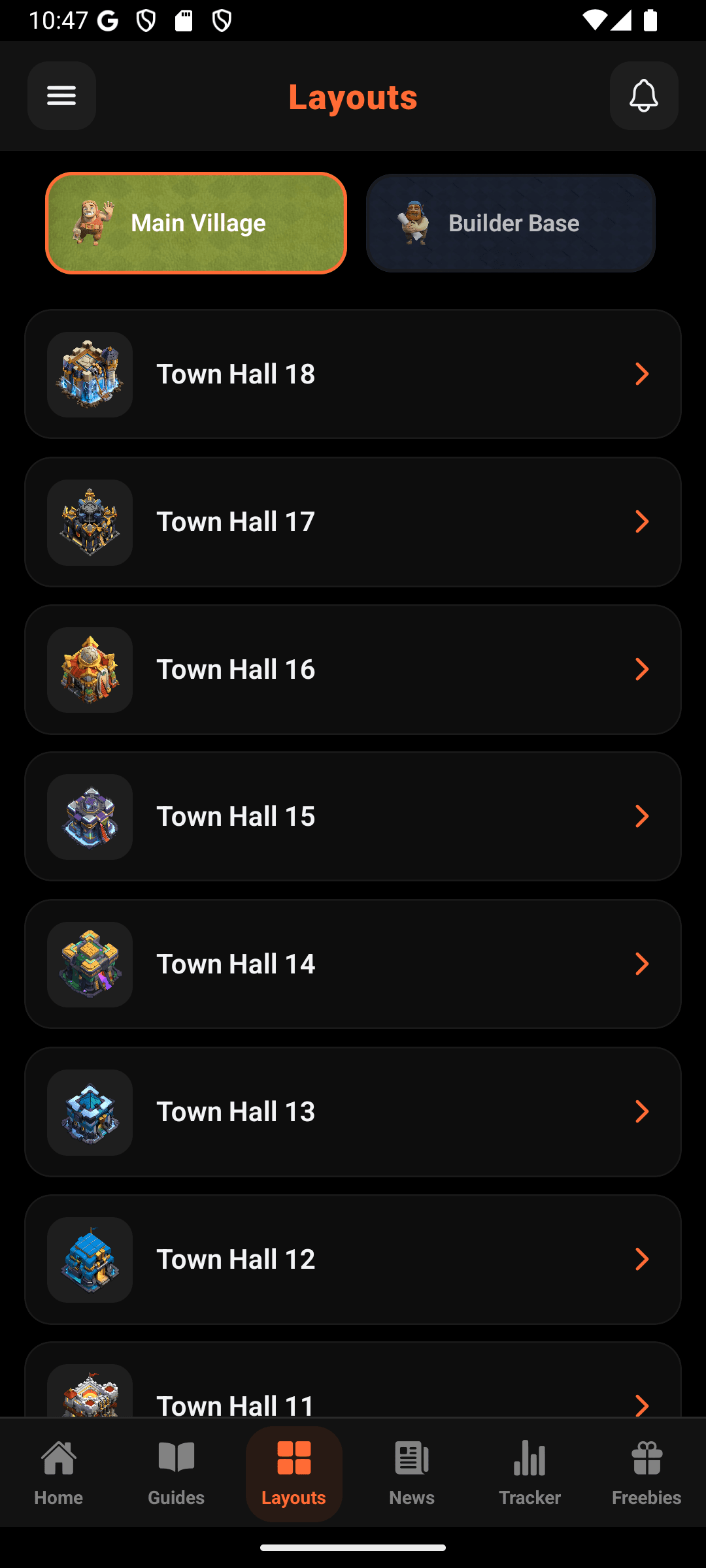 Clash Companion layouts screen showing Town Hall and Builder Base levels