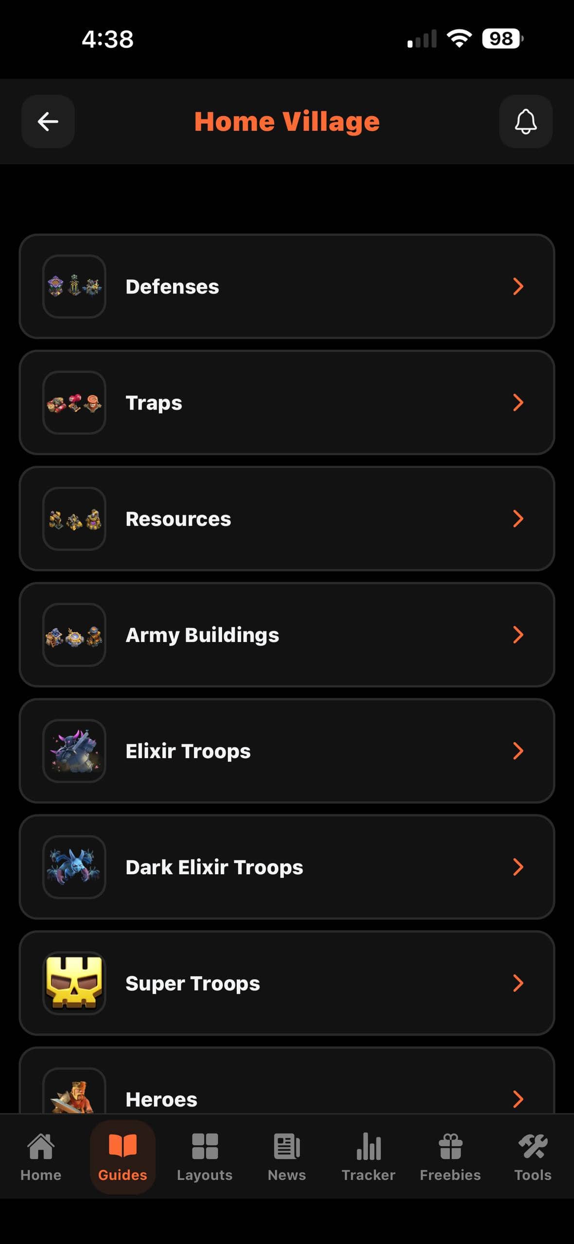 Clash Companion guides screen with searchable categories