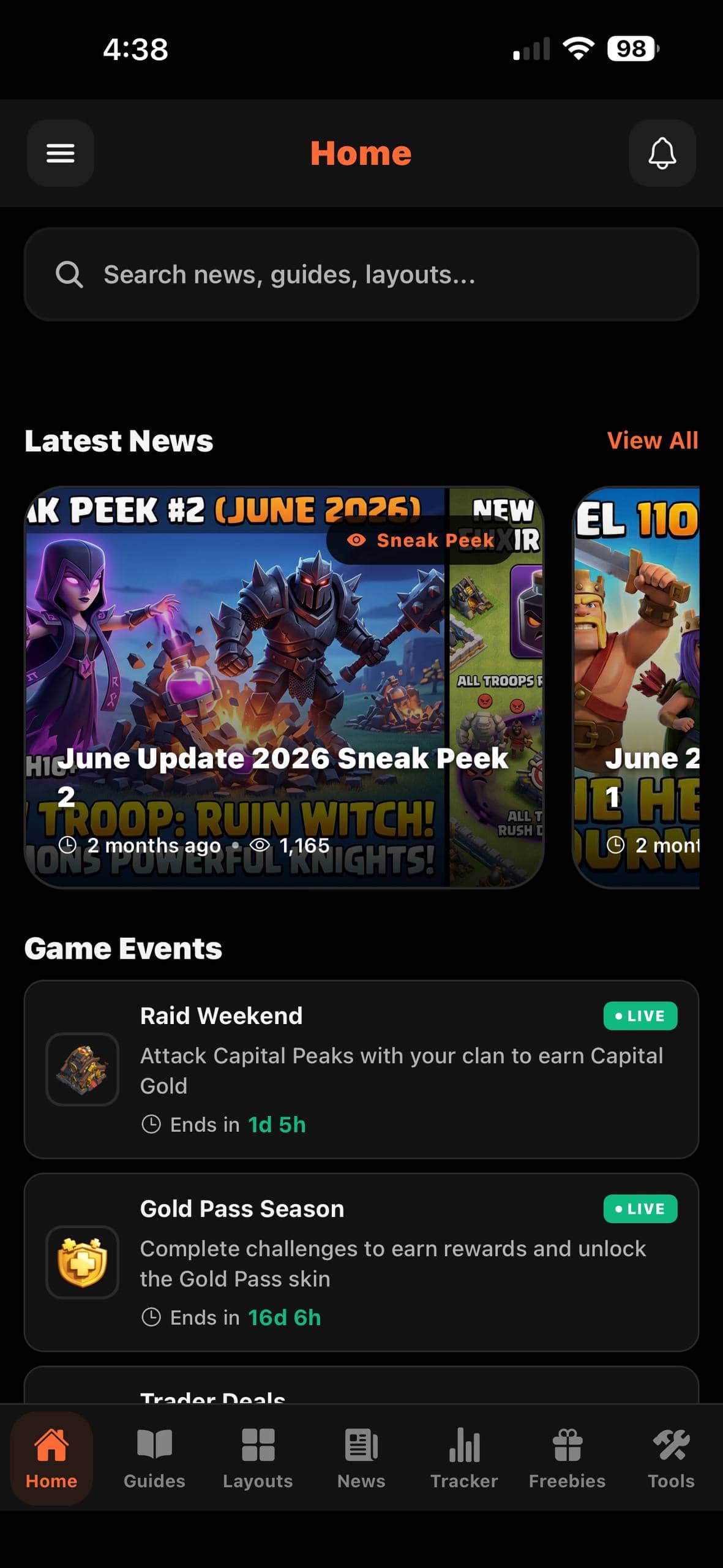 Clash Companion home screen with search, latest news, and game events