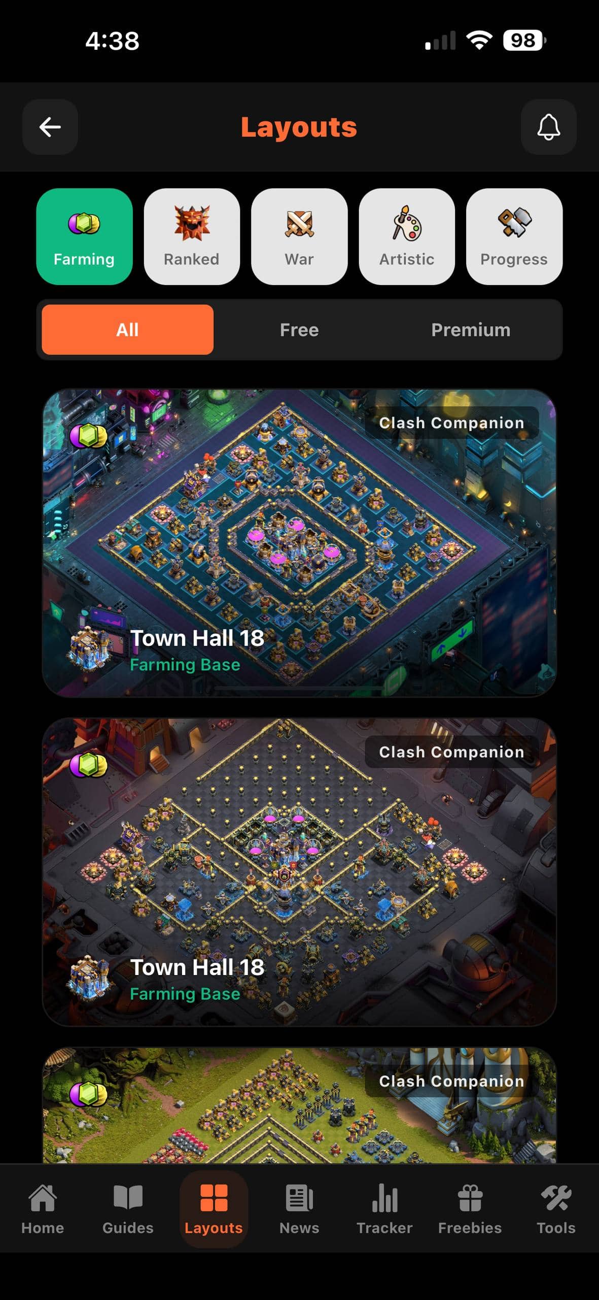 Clash Companion layout results with farming, ranked, war, artistic, and progress filters