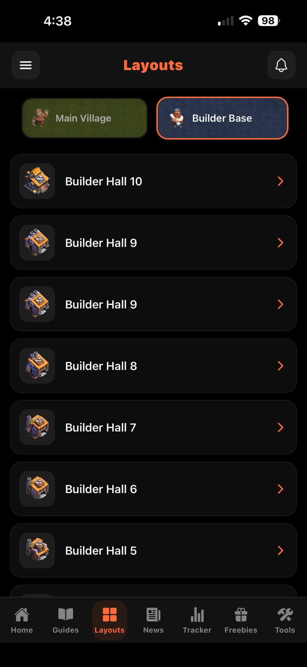 Clash Companion Builder Base layout browser on iPhone
