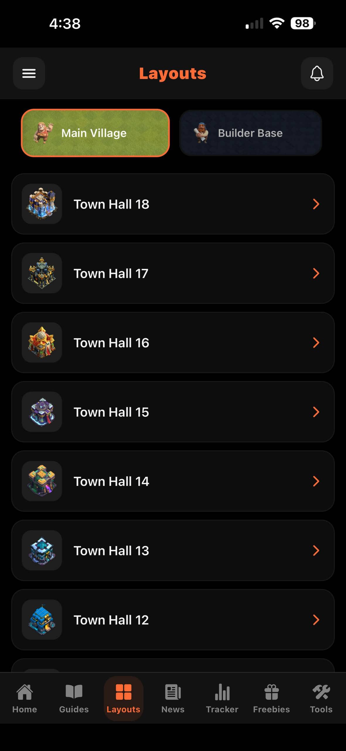 Clash Companion layouts screen showing Town Hall and Builder Base levels