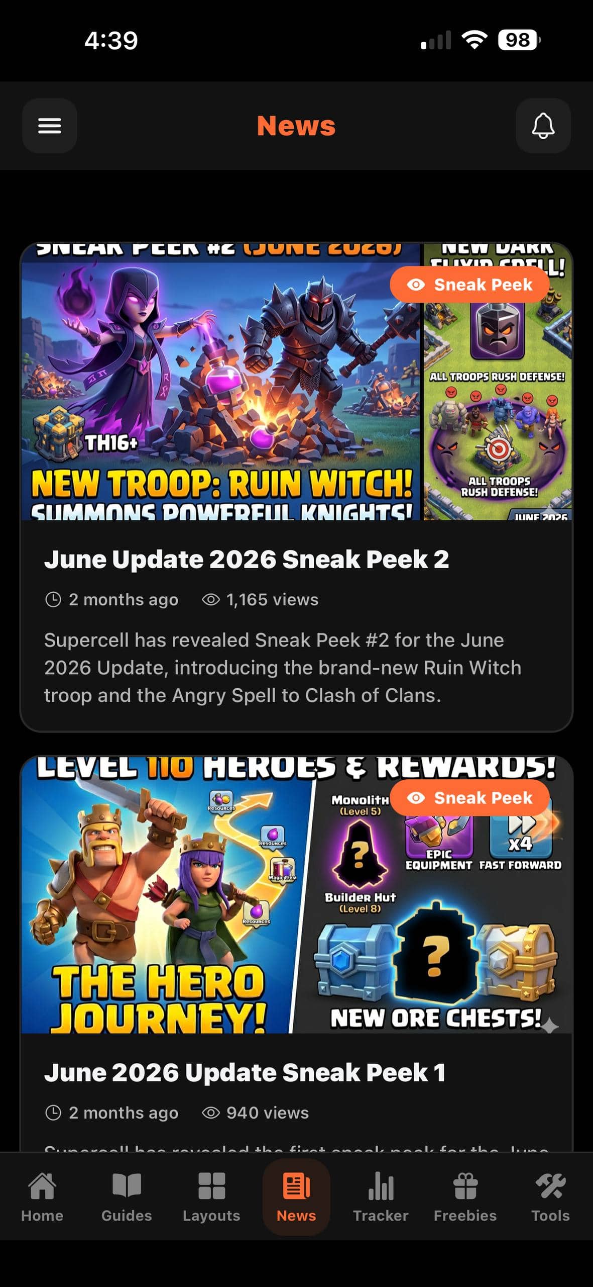 Clash Companion news screen on iPhone