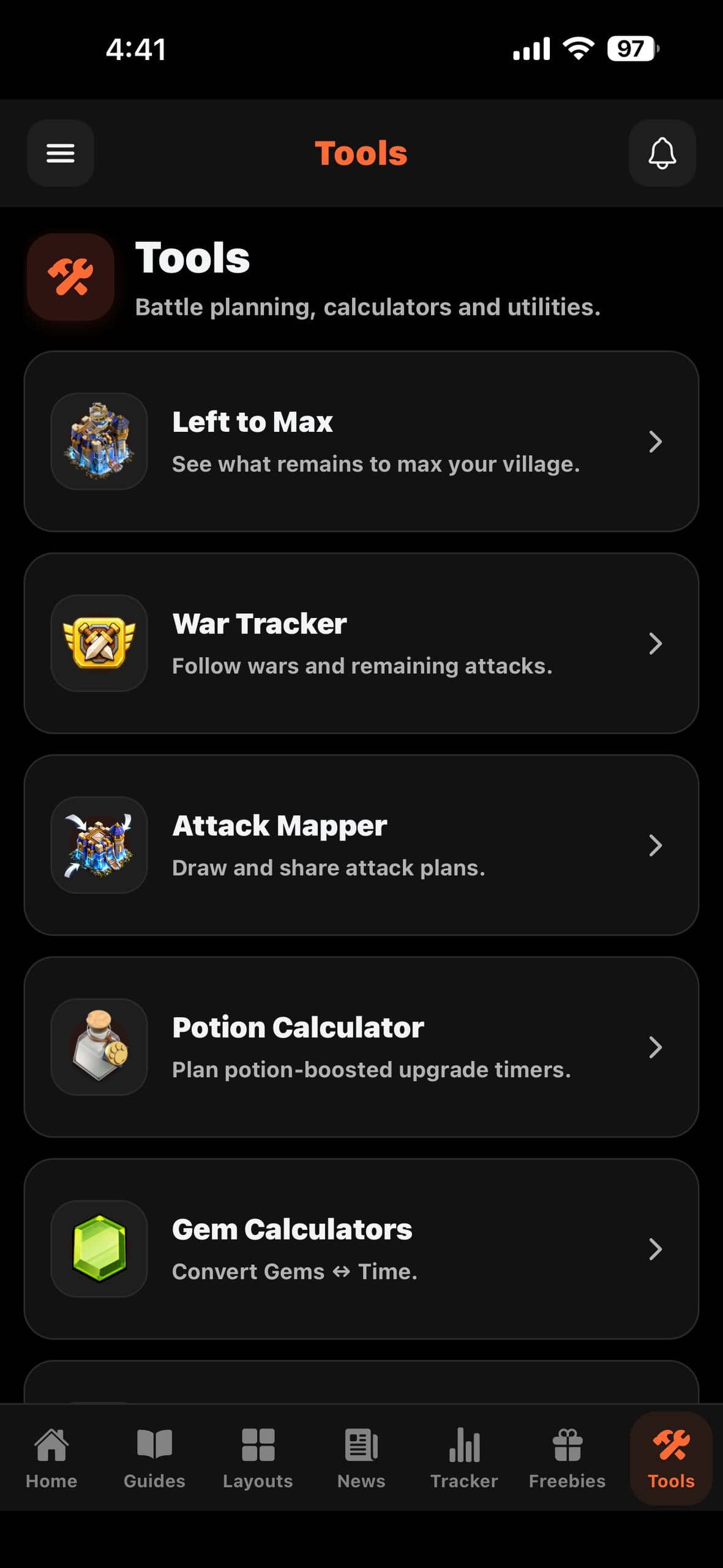 Clash Companion tools screen on iPhone
