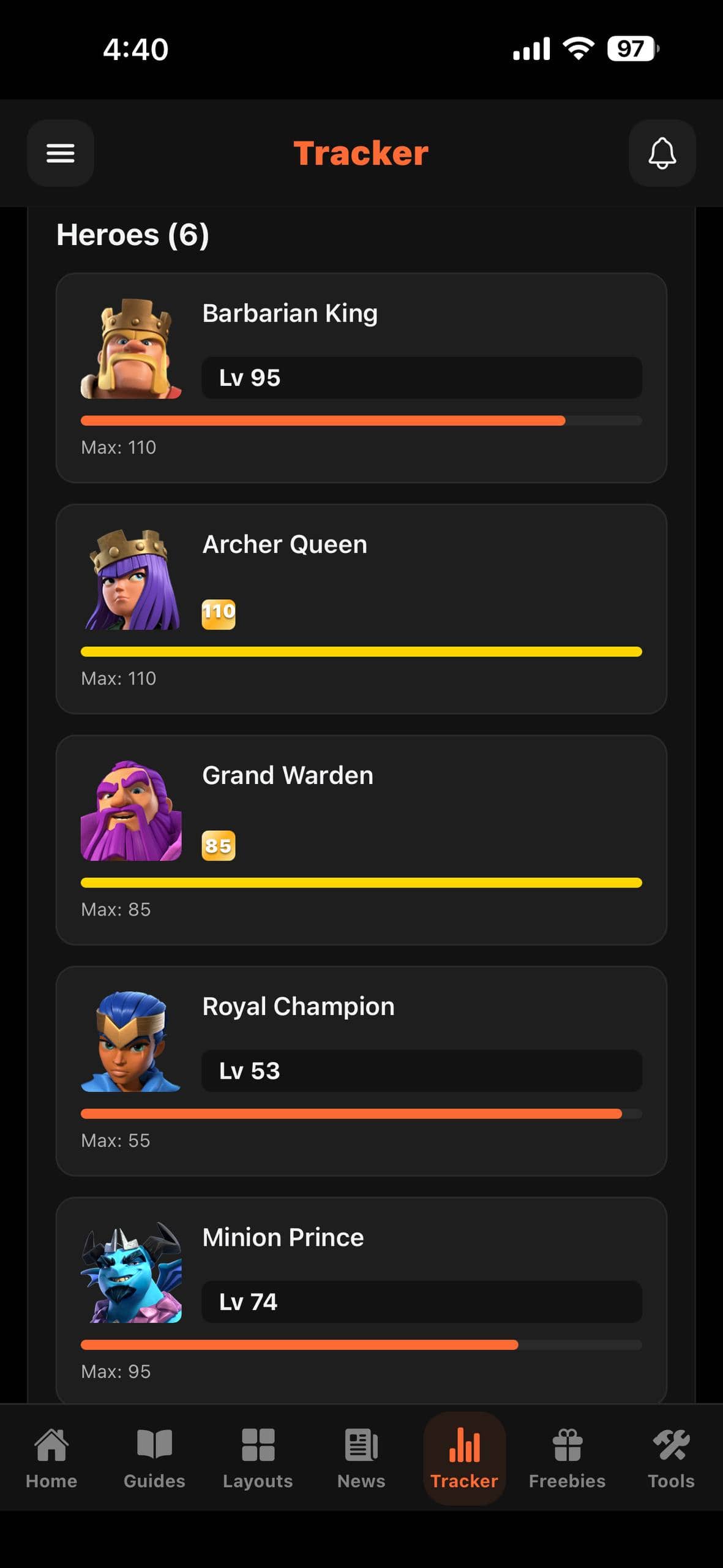 Clash Companion player tracker hero levels on iPhone