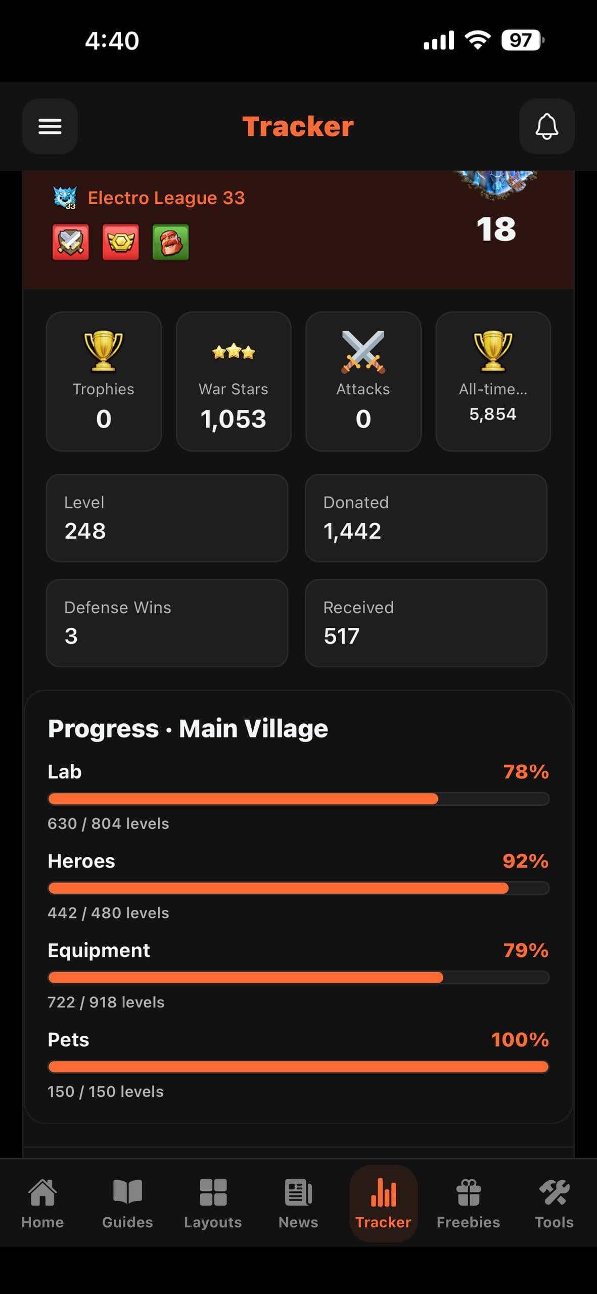 Clash Companion player profile and progress screen